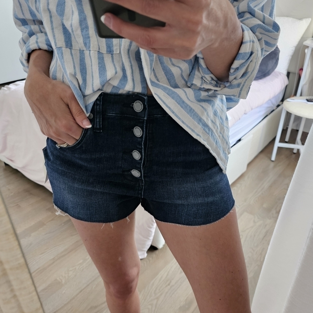 Blank NYC The Lennox High Waisted Button Fly Denim Jean Shorts Dark Wash